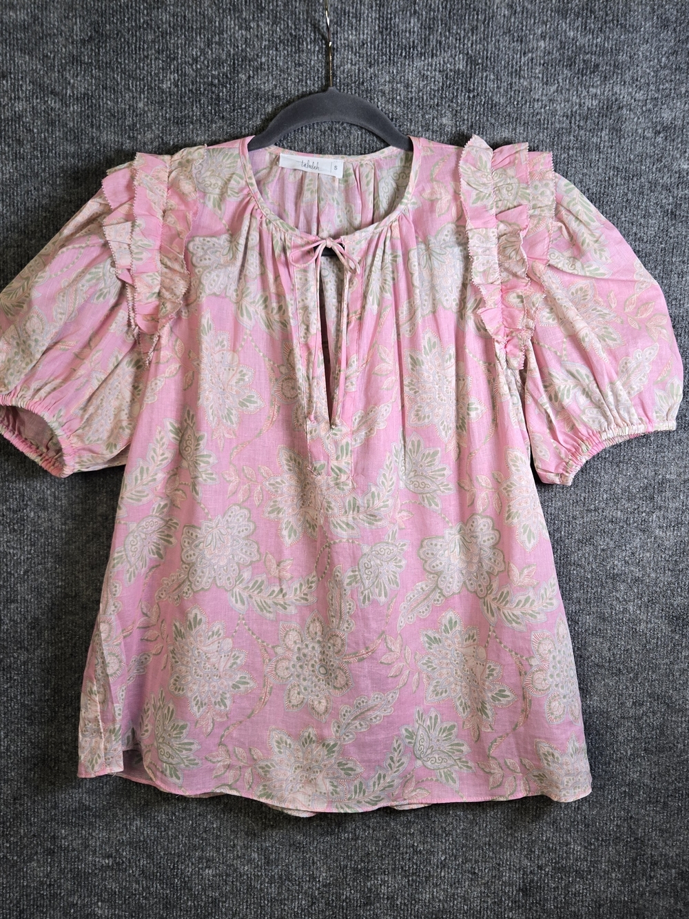 Talulah Top Womens S Pink Linen Cotton Floral Puff Sleeve Ruffle Peasant